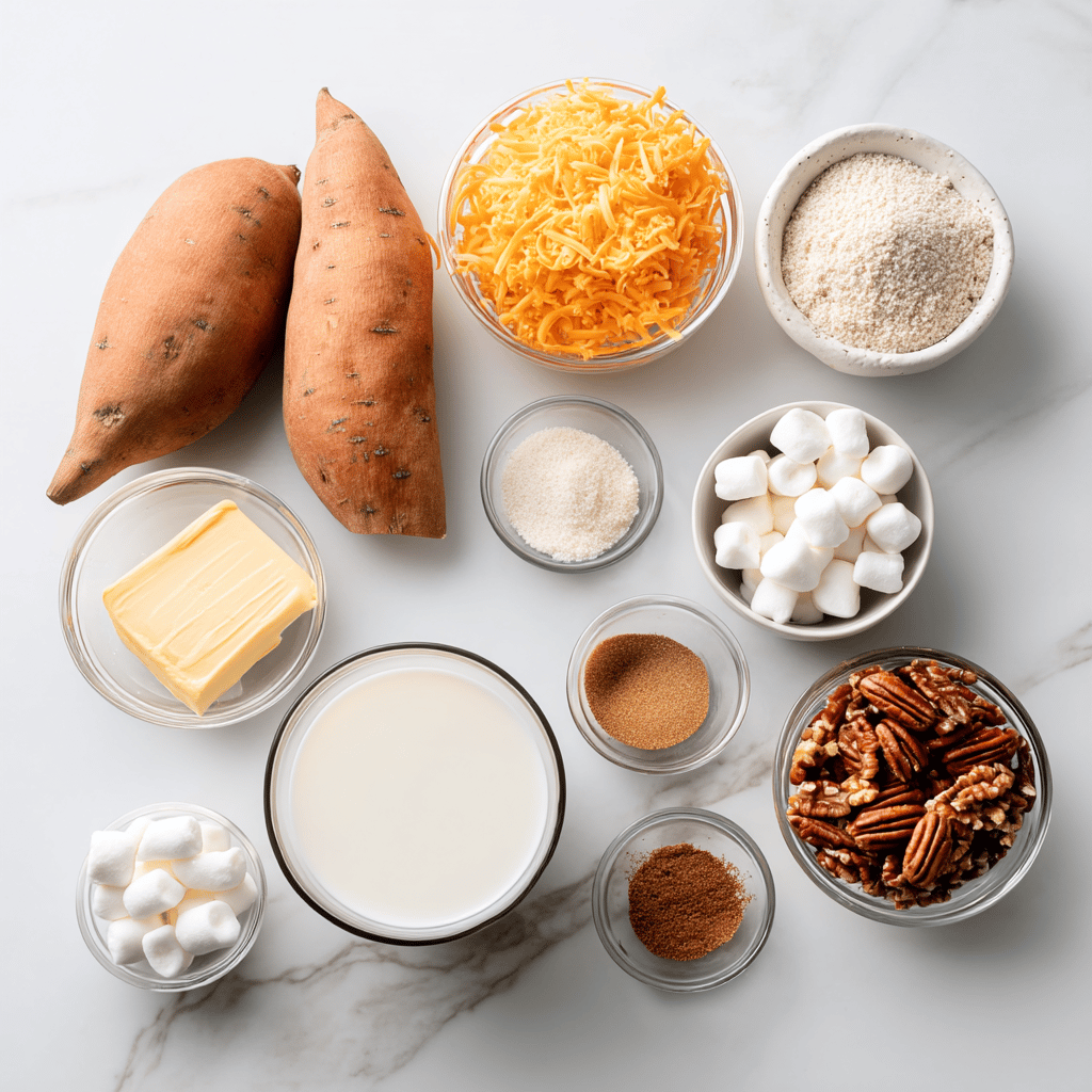 Ingredients for Easy Cheesy Sweet Potato Casserole: Warm Family Dinner