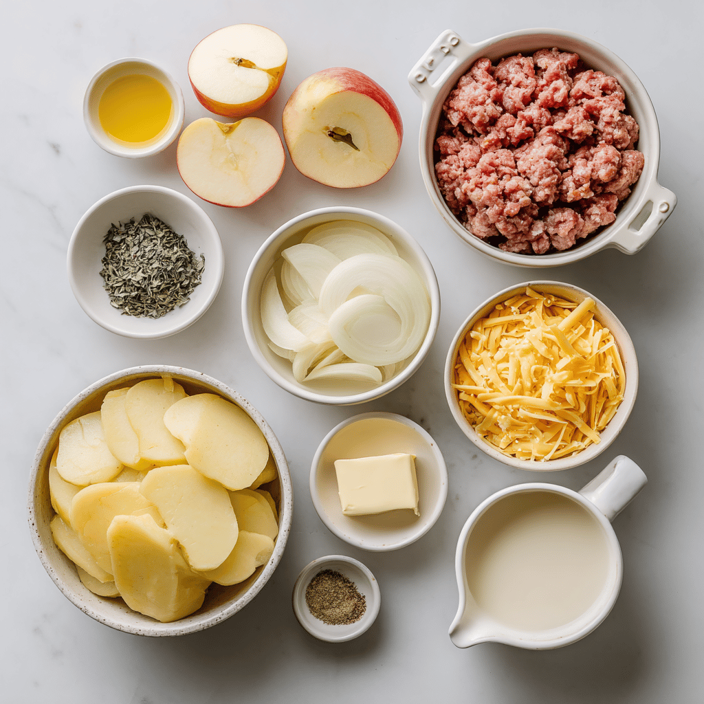 Ingredients for Skillet Cheesy Apple & Sage Sausage Gratin